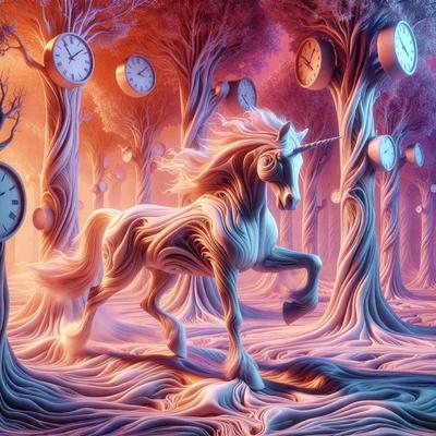 Primary subject: A white unicorn with a flowing mane and tail, standing in a forest with trees and clocks.

Setting/background: The unicorn is standing in a forest with trees and clocks. The clocks are scattered throughout the scene, adding a unique and artistic touch to the image.

Visual style: The image is a digital art piece, featuring a surreal and whimsical scene with the unicorn and clocks.

Colors and mood: The image has